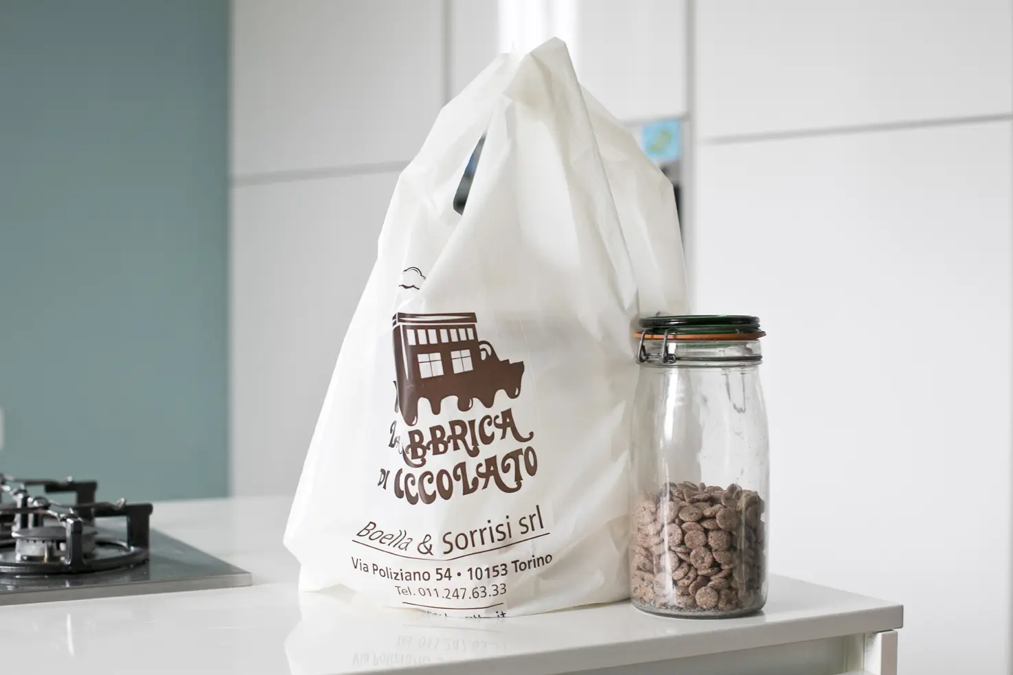 Shopping bag plastica, modello Corallo, personalizzata "La Fabbrica di Cioccolato Boella & Sorrisi srl" - PG Plast