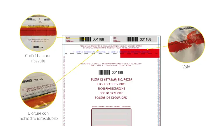 Buste di estrema sicurezza, dettaglio void, inchiostro idrosolubile e codice barcode ricevute - PG Plast